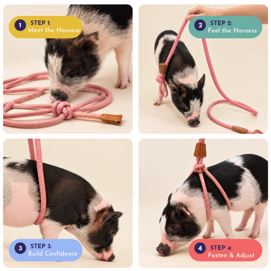 Four illustrated steps showing a pig gradually becoming comfortable with a PORCINE® mini pig harness, from introduction to fastening and adjustment.